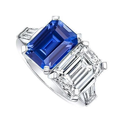 Bague Diamant Émeraude & Saphir Bleu 4.50 Carats Accents Baguette - HarryChadEnt.FR
