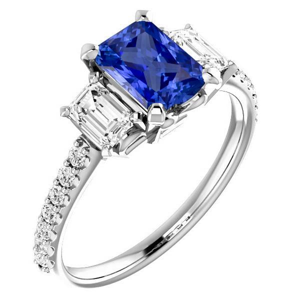 Bague Diamant Émeraude Saphir Bleu Radiant 3 Carats Or Blanc 14K - HarryChadEnt.FR