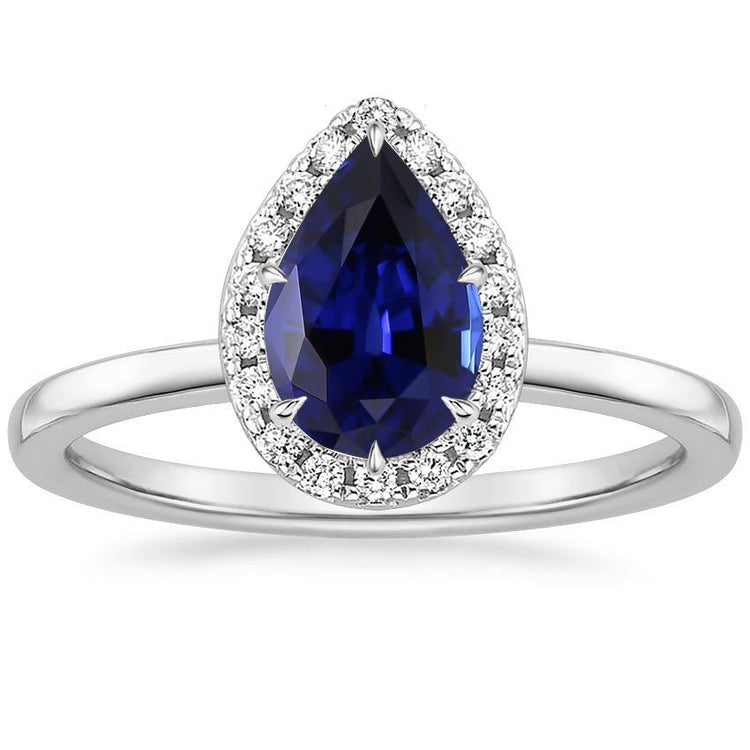 Bague Diamant Halo Classique Poire Saphir Centre Or 14K 6.75 Carats - HarryChadEnt.FR