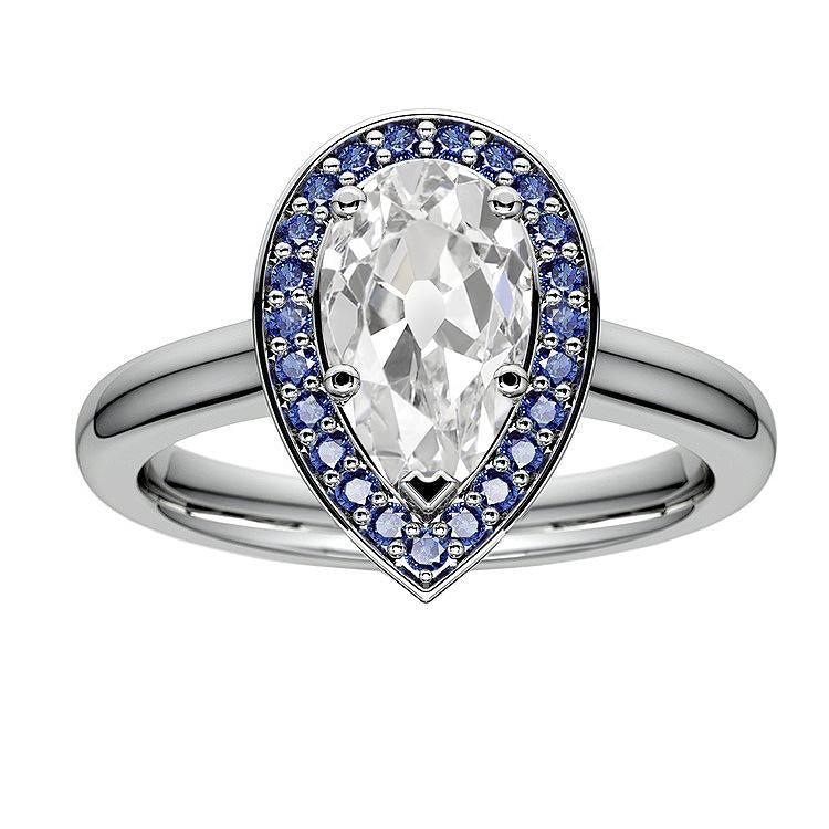 Bague Diamant Halo Poire Vieux mineur & Saphirs Bleus Ronds 5 Carats - HarryChadEnt.FR