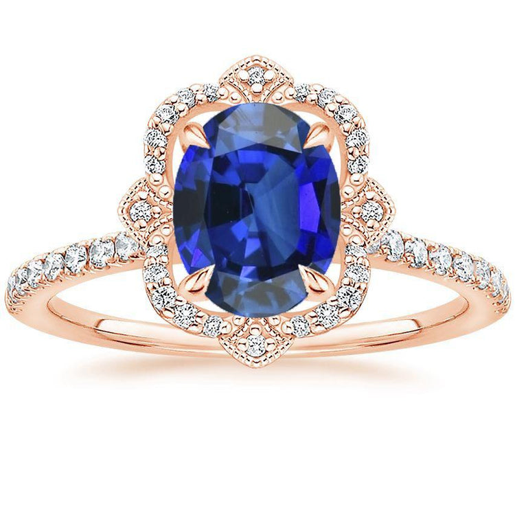 Bague Diamant Halo Style Antique Style Fleur Saphir Bleu 6.20 Carats - HarryChadEnt.FR