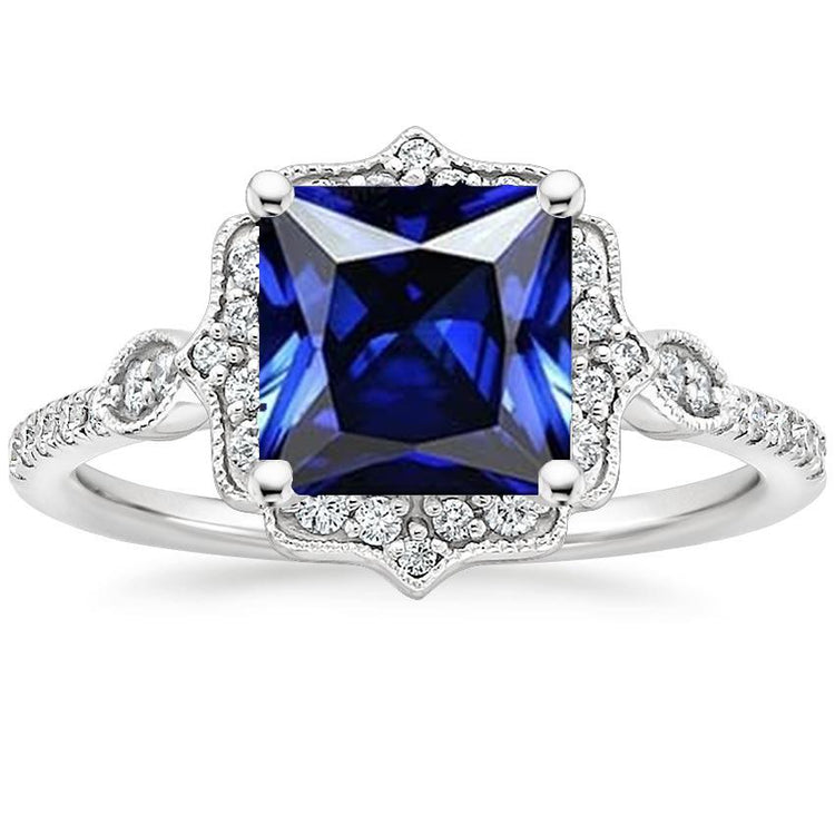 Bague Diamant Halo Style Vintage Saphir Ceylan Taille Princesse 6 Carats - HarryChadEnt.FR