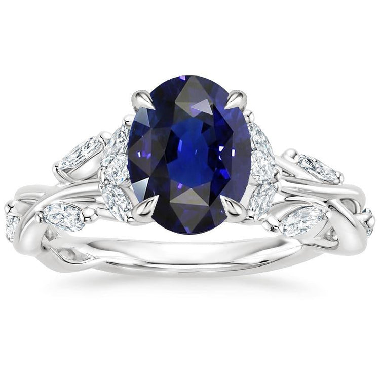 Bague Diamant Pierre Gemme Style Feuille Taille Ovale Saphir Bleu 5 Carats - HarryChadEnt.FR