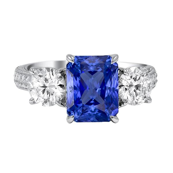 Bague Diamant Rond 3 Pierres Saphir Ceylan 3.50 Carats Or Millgrain - HarryChadEnt.FR