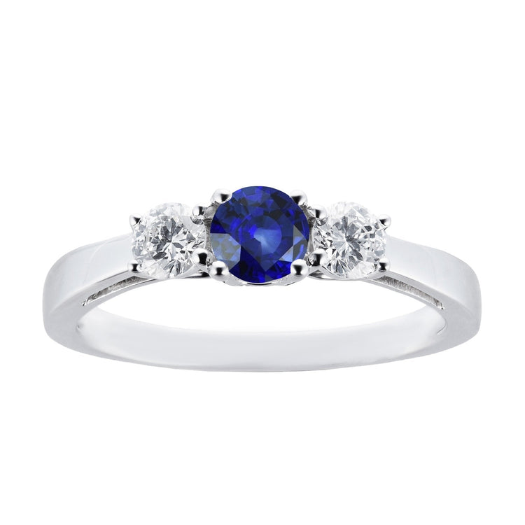Bague Diamant Rond & Saphir Ceylan 3 Carats 3 Pierres Or Blanc 14K - HarryChadEnt.FR