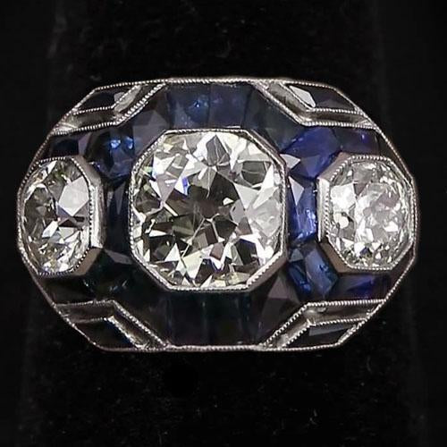Bague Diamant Rond Taille Ancienne 3 Pierres & Saphir Bleu 6 Carats - HarryChadEnt.FR