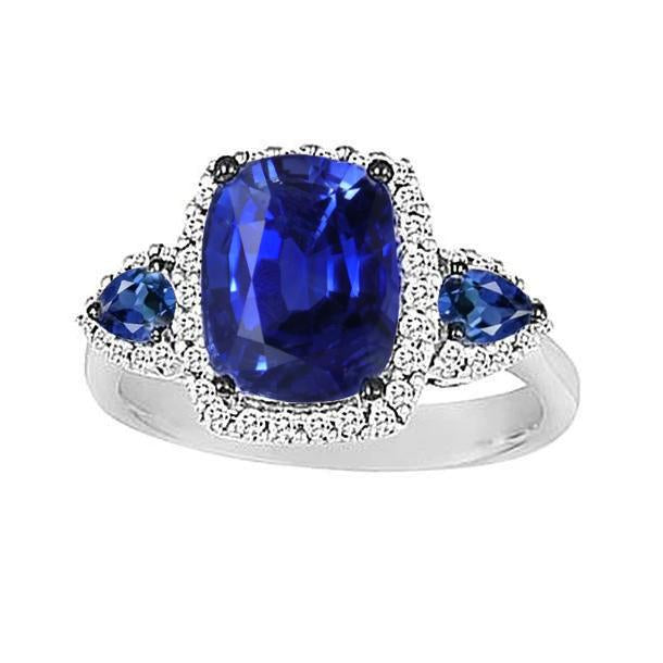 Bague Diamant Saphir Ceylan Style Coussin 3 Pierres Or 7.25 Carats - HarryChadEnt.FR