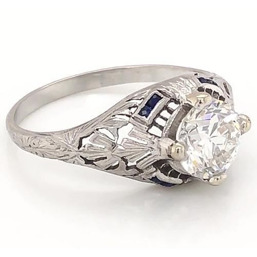 Bague Diamant Style Antique 1.50 Carats Saphir Bleu Or Blanc 14K - HarryChadEnt.FR