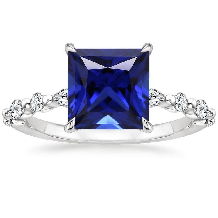 Bague Diamants Ronds & Poire Avec Saphir Bleu Taille Princesse 5.25 Carats - HarryChadEnt.FR