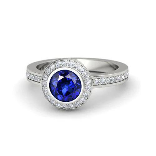 Bague Diamants Saphir Ceylan Taille Ronde 3 Ct Or Blanc 14K - HarryChadEnt.FR