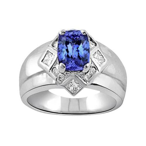 Bague Diamants Tanzanite Coussin 5 Carats Or Blanc 14K - HarryChadEnt.FR