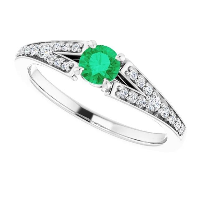 Bague Émeraude Verte Ronde Tige Fendue 1.75 Carats Or Blanc 14K - HarryChadEnt.FR