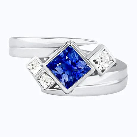 Bague Fantaisie Diamant 2 Carats Lunette Princesse Saphir Bleu