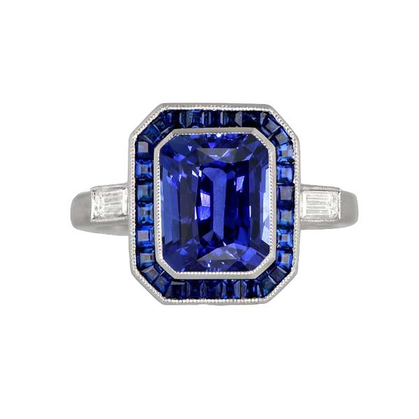 Bague Femme Halo Gemme Saphirs Bleus 3.50 Carats Diamants Baguette - HarryChadEnt.FR
