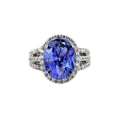 Bague Grande Tanzanite Ovale Avec Petits Diamants Ronds 6.70 Ct Or 14K - HarryChadEnt.FR