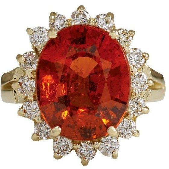Bague Grenat Mandarine 22.50 Carats Avec Diamants Or Jaune 14K Nouveau - HarryChadEnt.FR