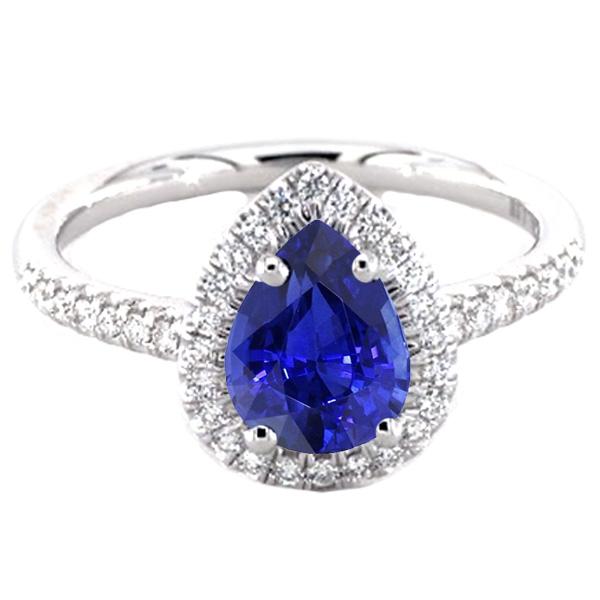 Bague Halo Anniversaire Poire Saphir Bleu & Diamants 3.25 Carats - HarryChadEnt.FR