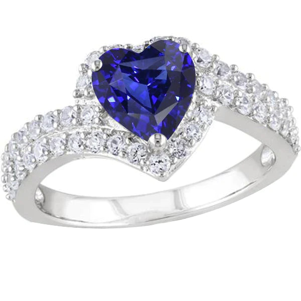 Bague Halo Coeur Saphir Bleu Naturel 4 Carats Diamants