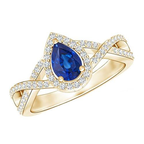 Bague Halo Diamant Or Jaune Centre Poire Saphir Ceylan 4 Carats 14K - HarryChadEnt.FR