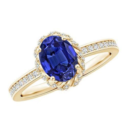 Bague Halo Diamant Or Jaune Taille Ovale Saphir Ceylan Neuf 5.50 Carats - HarryChadEnt.FR