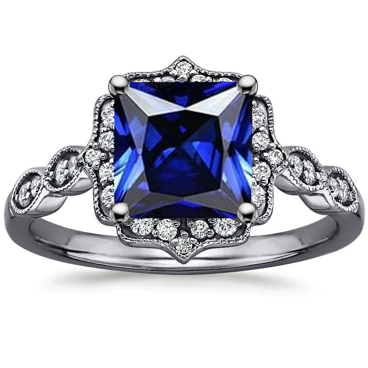 Bague Halo Diamant Saphir Bleu Taille Princesse Style Vintage 6 Carats - HarryChadEnt.FR
