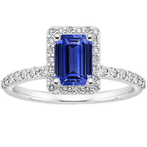 Bague Halo Emeraude Ceylan Saphir & Diamant 4.25 Carats Or Blanc 14K - HarryChadEnt.FR