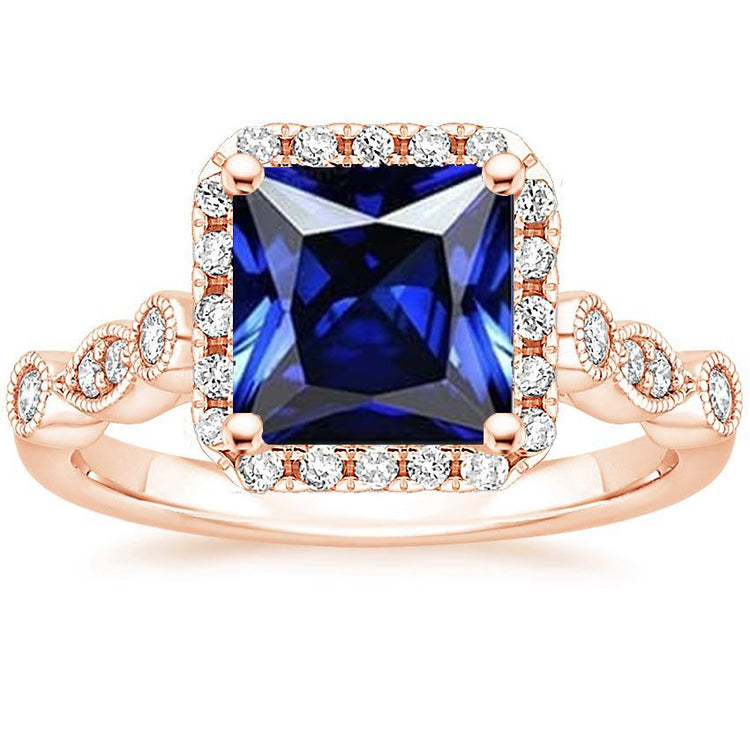 Bague Halo Gemstone Femme Princesse Ceylan Saphir 6 Carats Or Rose - HarryChadEnt.FR