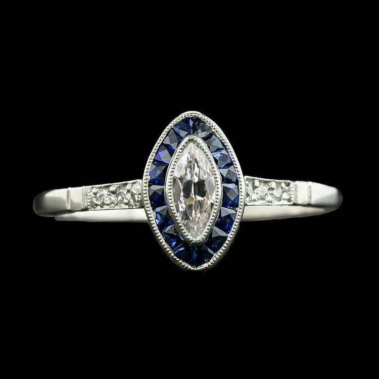 Bague Halo Marquise Diamant Taille Ancienne & Saphirs Trapèze 3 Carats - HarryChadEnt.FR