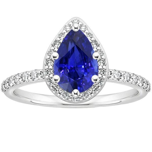 Bague Halo Or Blanc 14K Poire Saphir Ceylan & Diamants 3.75 Carats - HarryChadEnt.FR