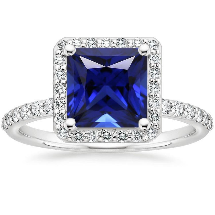 Bague Halo Or Blanc Princesse Saphir Sri Lankais & Diamants 6 Carats - HarryChadEnt.FR