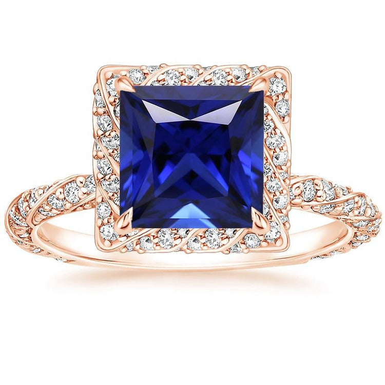 Bague Halo Or Rose Princesse Saphir Sri Lankais et Diamant 6 Carats - HarryChadEnt.FR