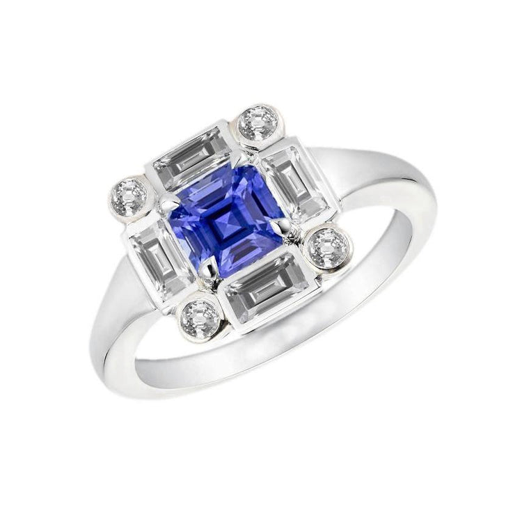 Bague Halo Saphir Bleu 3 Carats Lunette Sertie Baguette & Diamants Ronds - HarryChadEnt.FR