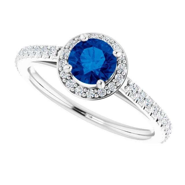 Bague Halo Saphir Bleu Rond 2.50 Carats Or Blanc 14K - HarryChadEnt.FR