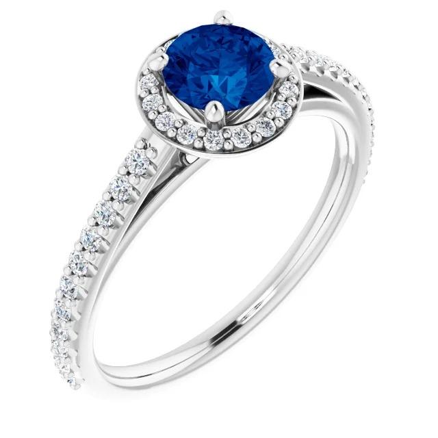 Bague Halo Saphir Bleu Rond 2.50 Carats Or Blanc 14K - HarryChadEnt.FR