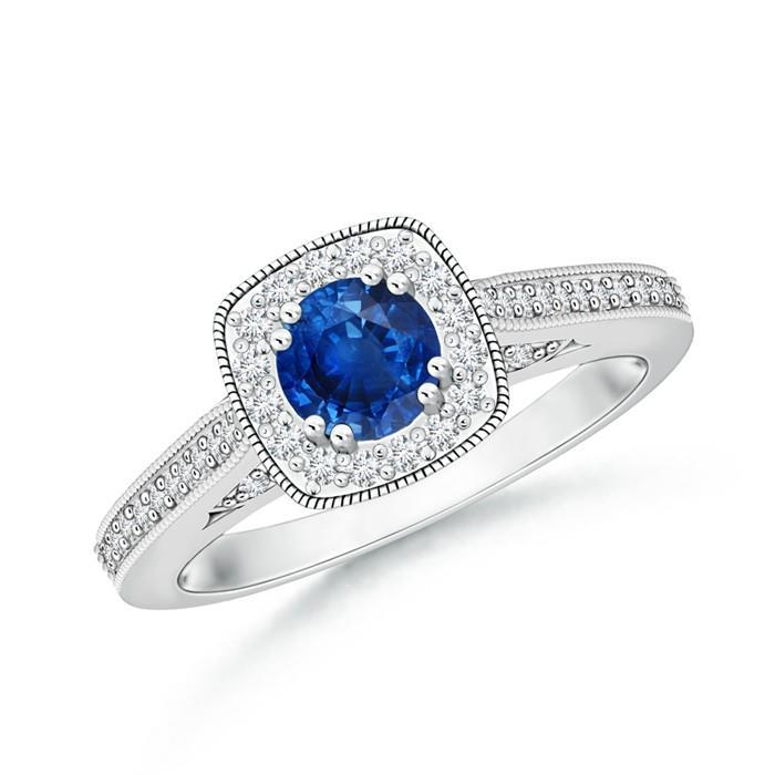 Bague Halo Saphir Rond 3.25 Carats & Diamants Or Blanc 14K - HarryChadEnt.FR