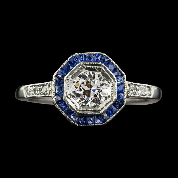 Bague Halo Vieux mineur Diamant Bleu Saphir Pierre Gemme 3 Carats Millgrain - HarryChadEnt.FR
