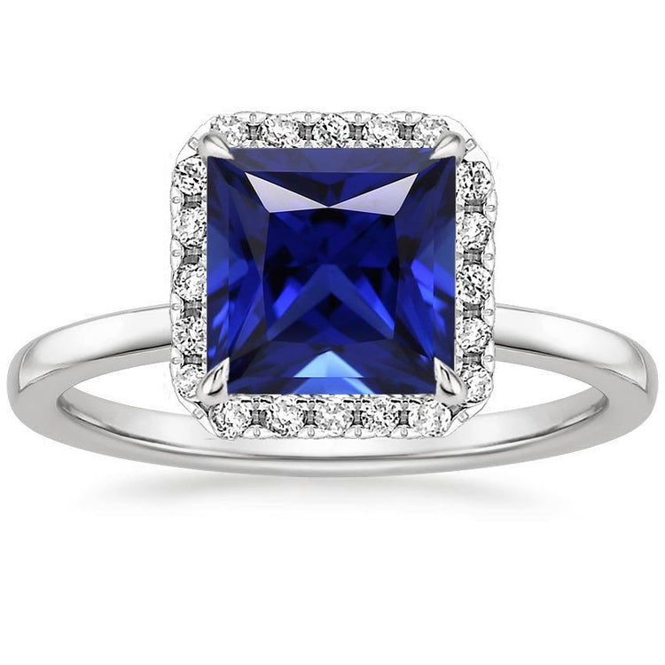 Bague Halo en diamant de forme carrée avec saphir bleu de Ceylan 5.50 carats - HarryChadEnt.FR