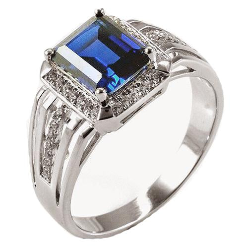 Bague Homme Diamant Taille Émeraude Saphir Bleu Avec Accents 3.50 Carats - HarryChadEnt.FR