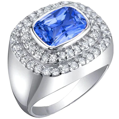 Bague Homme Double Halo Sertie Lunette Coussin Saphir Bleu Naturel 4.50 Ct