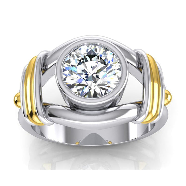 Bague Homme Solitaire Diamant Deux Tons Sertie Lunette 2 Carats