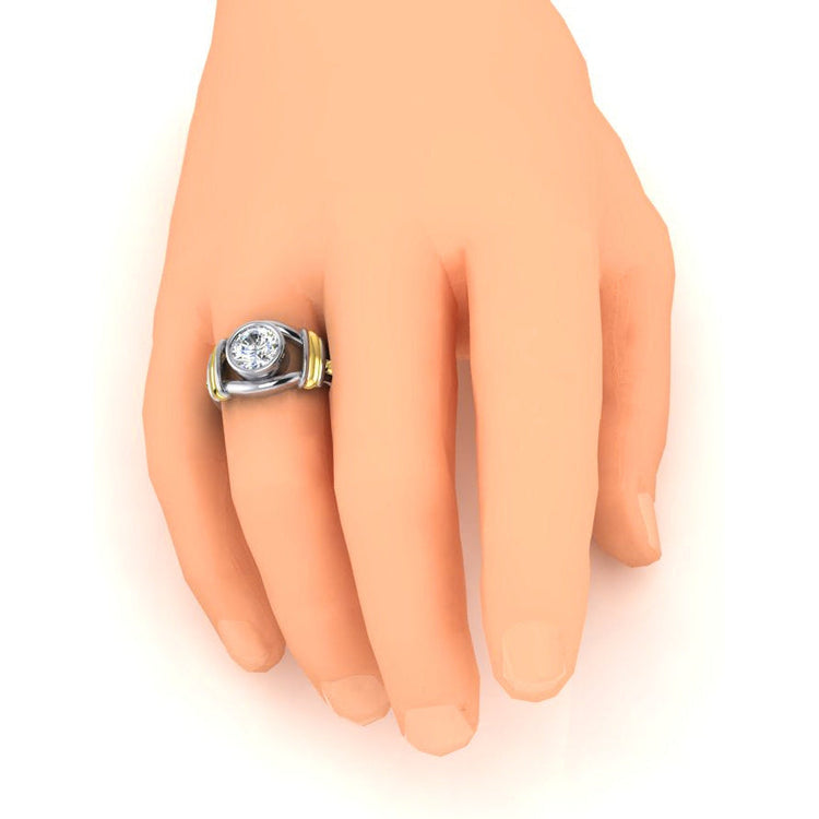 Bague Homme Solitaire Diamant Deux Tons Sertie Lunette 2 Carats