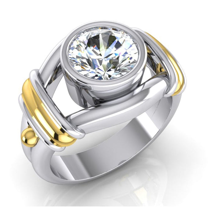 Bague Homme Solitaire Diamant Deux Tons Sertie Lunette 2 Carats