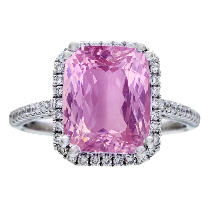 Bague Kunzite Coussin 34.50 Ct Avec Diamants Ronds Or Blanc 14K - HarryChadEnt.FR