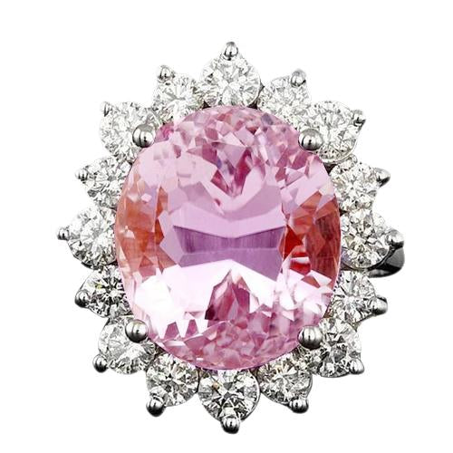 Bague Kunzite ovale rose 27 carats et diamants en or blanc massif 14K - HarryChadEnt.FR
