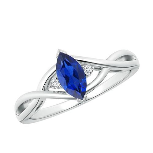 Bague Or 3 Pierres Petit Diamant Et Saphir Marquise 1.25 Carats Neuf - HarryChadEnt.FR