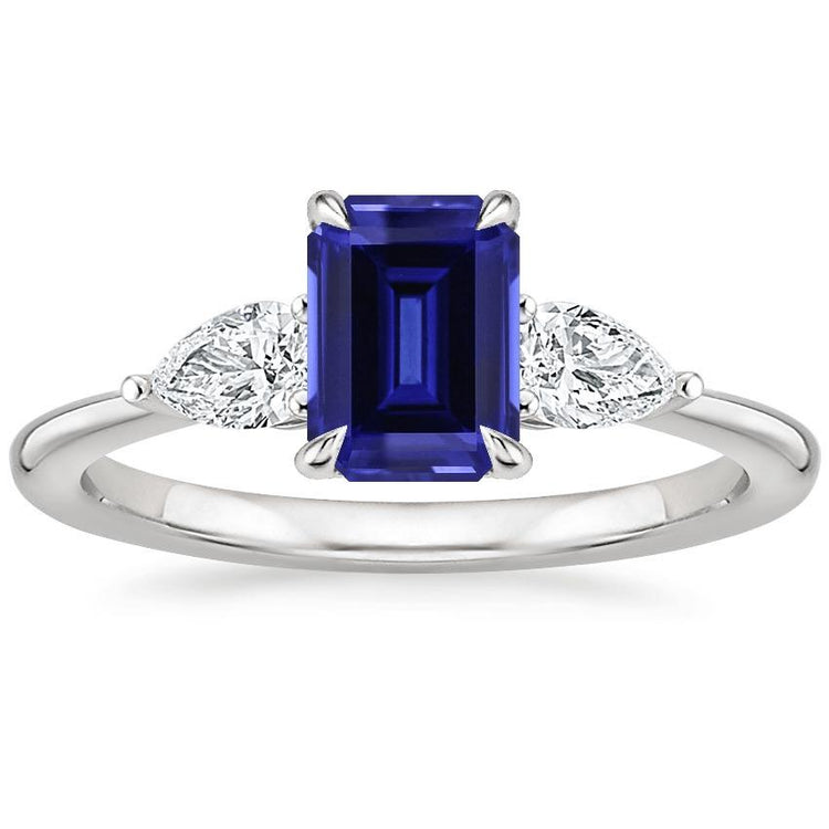 Bague Or 3 Pierres Taille Émeraude Saphir Bleu & Diamant Poire 3.50 Carats - HarryChadEnt.FR