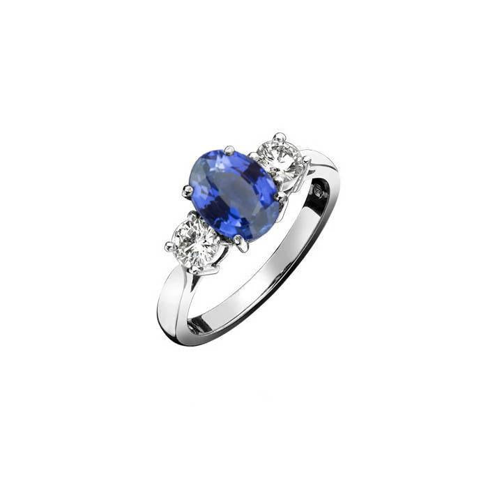 Bague Or Blanc 14K Trois Pierres 3.50 Carats Saphir Et Diamants - HarryChadEnt.FR