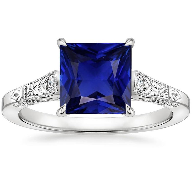 Bague Or Blanc 3 Pierres Diamant & Saphir Bleu Princesse 5.25 Carats - HarryChadEnt.FR