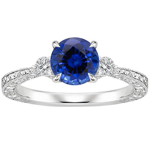 Bague Or Trois Pierres Ronde Saphir Ceylan & Diamant 2.50 Carats Neuf - HarryChadEnt.FR