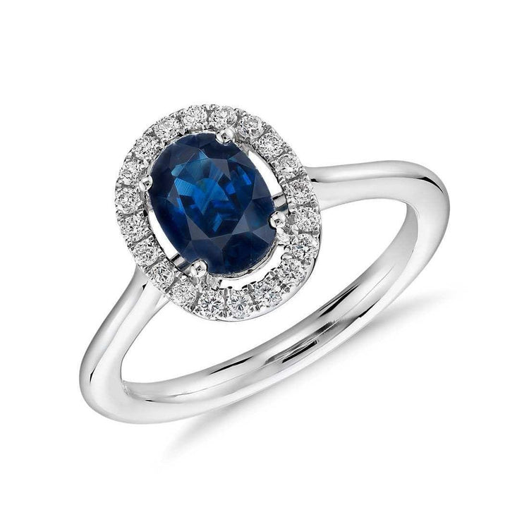 Bague Ovale Ceylan Saphir Diamants Ronds 2.50 Carats Or Blanc 14K - HarryChadEnt.FR